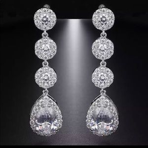 Water Drop Shaped Dangle Earrings Simulated Diamonds White Gold Plated